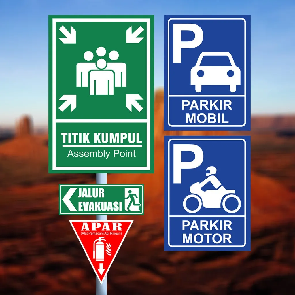 Signage Jalan Untuk Titik Kumpul, Jalur Evakuasi, Dan Parkir Yang Diproduksi Dengan Mesin Cutting Sticker.