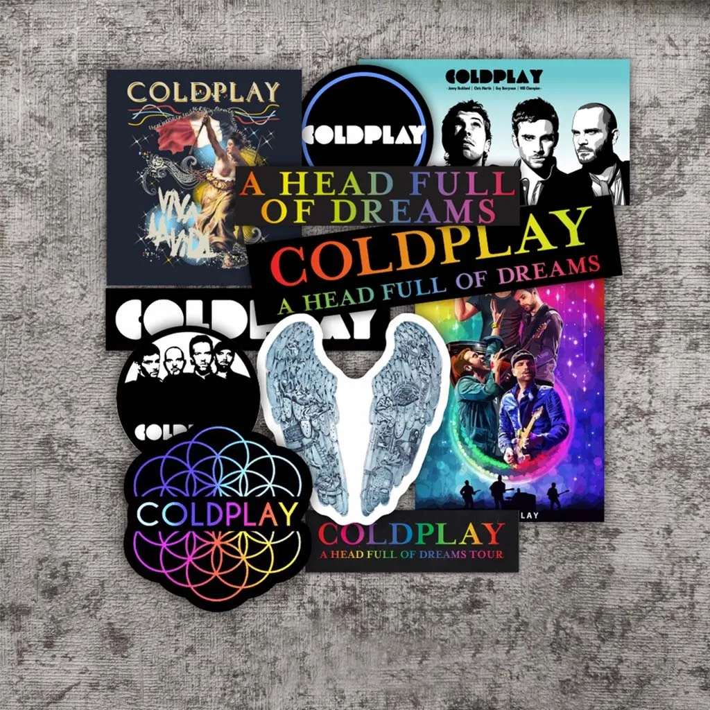 Koleksi Sticker Promosi Coldplay Untuk Event Musik, Mencakup Album Dan Simbol Ikonik Band.