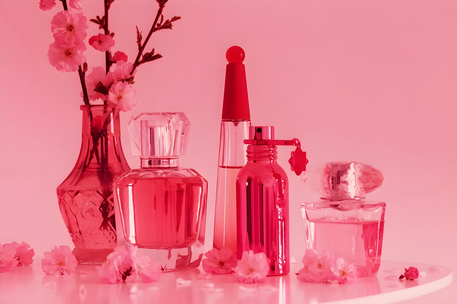 Koleksi Botol Parfum Dengan Desain Elegan Dan Bunga Sakura Menampilkan Layanan Maklon Parfum Custom.