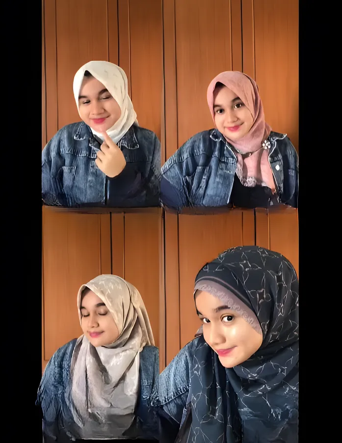 Empat Pose Berbeda Wanita Memakai Hijab Hasil Jasa Maklon Hijab Printing.