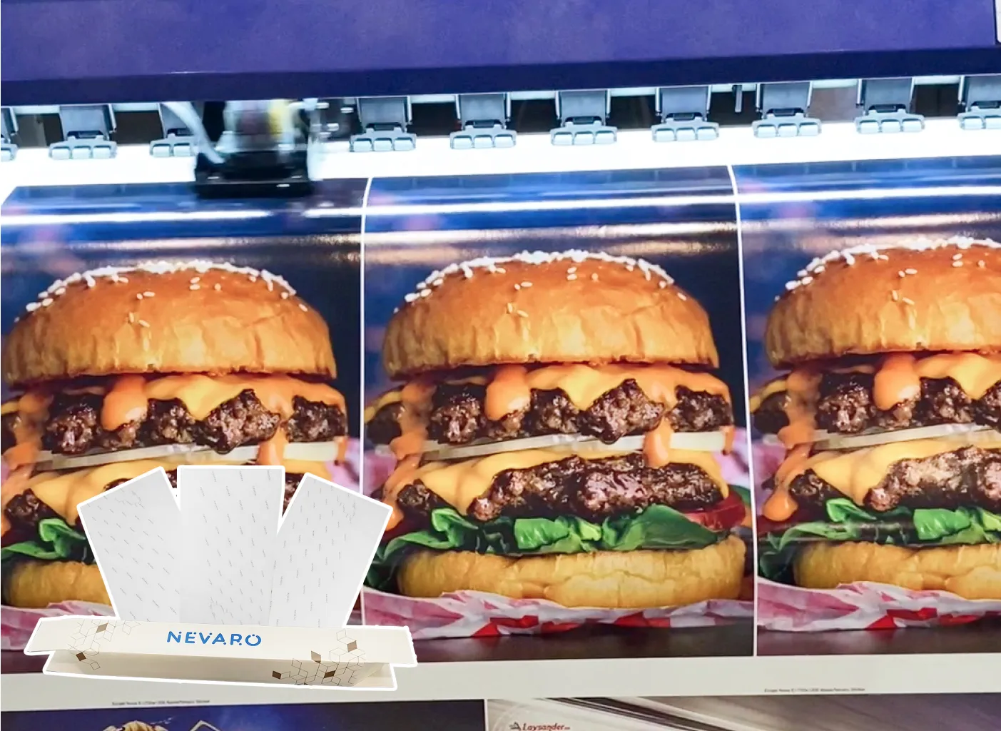 Proses Pencetakan Sticker Vinyl Nevaro Dengan Gambar Burger Berkualitas Tinggi Oleh Printer Ecosolvent.