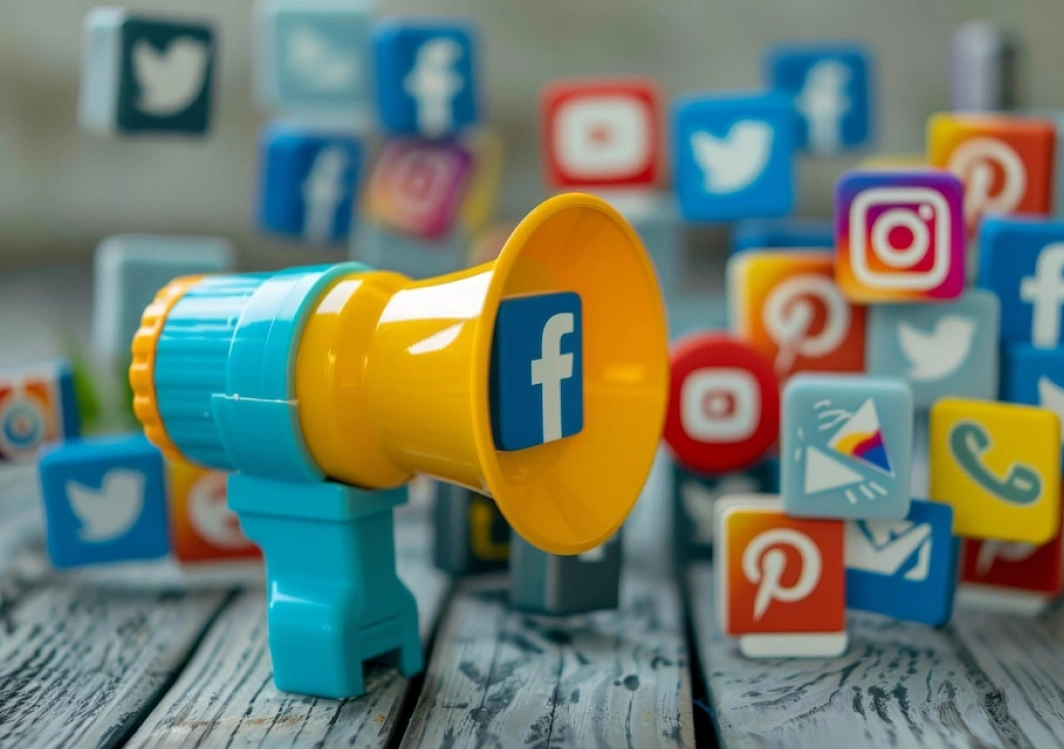 Megafon Dengan Ikon Media Sosial Menggambarkan Kekuatan Digital Marketing Melalui Seo Dan Email Marketing.