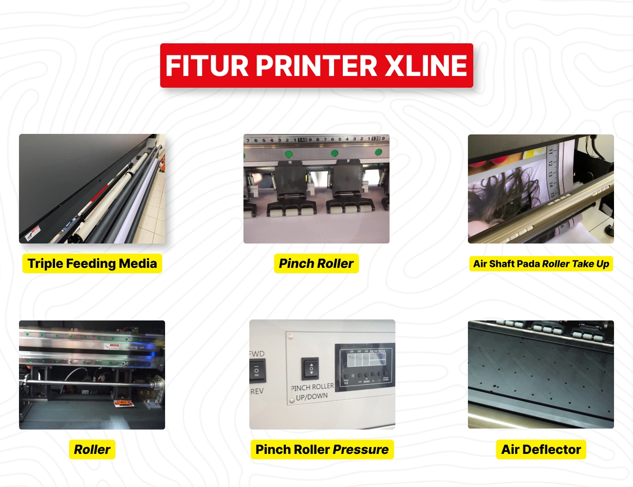 Beragam Fitur Unggulan Printer Liyu Xline Termasuk Triple Feeding Media, Pinch Roller, Dan Air Shaft Pada Roller Take Up.