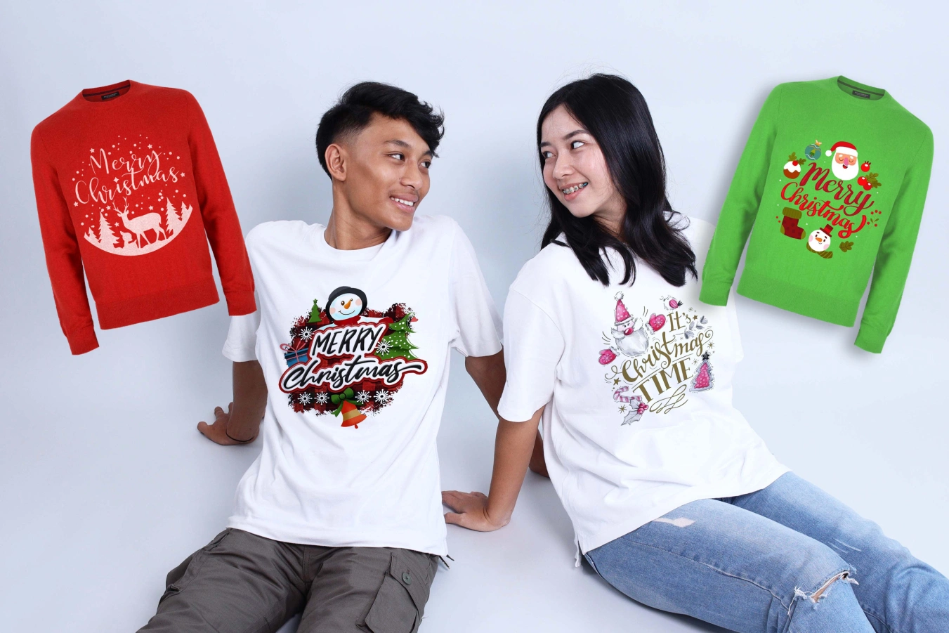 Kaos Dan Sweater Tema Natal Yang Seragam Untuk Keluarga, Dicetak Menggunakan Teknik Digital Printing.