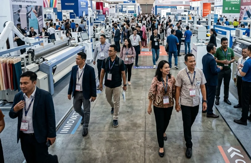 Suasana Ramai Pameran Indo Intertex 2026 Dengan Berbagai Mesin Tekstil Dan Pengunjung Dari Berbagai Negara.